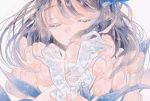  1girl blue_ribbon brown_hair closed_eyes english_text flower gloves hair_ribbon highres holding holding_flower leaf long_hair original pink_flower ribbon sakuraba_nao solo sparkle upper_body white_background 