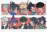  6+boys aqua_hair bakugou_katsuki bangs black_eyes black_hair black_shirt bleach blonde_hair blue_eyes boku_no_hero_academia cigarette dragon_ball dragon_ball_z earrings gintama grey_hair haikyuu!! headband hijikata_toushirou hitsugaya_toushirou jewelry kageyama_tobio kimetsu_no_yaiba looking_at_viewer multiple_boys multiple_earrings naruto_(series) one_piece orange_shirt print_shirt purple_hair red_background red_eyes roronoa_zoro rukawa_kaede shaman_king sheath sheathed shirt slam_dunk sword tao_ren tomioka_giyuu uchiha_sasuke upper_body uzuta vegeta weapon white_shirt widow&#039;s_peak yellow_eyes 