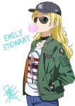  baseball_cap bin1production blonde_hair bruce_springsteen chewing_gum choker denim emily_stewart hat idolmaster jacket jeans long_hair pants shirt sunglasses t-shirt taku1122 top_gun watch 