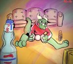  adondis anthro beverage clothed clothing colorful digital_media_(artwork) dragon food furniture hi_res horn humanoid male pocky ramune scalie smile soda soda_bottle sofa solo tongue tongue_out topwear video_games 