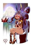  !? 1girl animal_ears bangs bidet brown_footwear commentary_request dark_skin earrings eyebrows_visible_through_hair facial_mark fate/grand_order fate_(series) hair_between_eyes hairband hands_up hoop_earrings jackal_ears jewelry long_hair medjed navel nitocris_(fate/grand_order) open_mouth panties panty_pull platform_footwear platform_heels purple_eyes purple_hair sandals sitting solo spoken_interrobang sunrise surprised tears toilet toilet_use translation_request underwear very_long_hair wavy_mouth white_panties yuuzii zoom_layer 