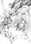  1girl bangs breasts cham_fau cleavage dunbine fairy fantasy floating greyscale high_heels highres holding holding_sword holding_weapon insect_wings john_r leotard long_hair mecha medium_breasts monochrome open_mouth seisenshi_dunbine sword weapon wings 