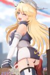  1girl ass bangs black_panties blonde_hair blue_eyes blurry blurry_background blush breasts day elbow_gloves english_commentary eyebrows_visible_through_hair garter_straps giant giantess gloves headgear highres iowa_(kantai_collection) kantai_collection large_breasts leg_up long_hair one_eye_closed open_mouth outdoors panties rudder_footwear skirt sleeveless solo star-shaped_pupils star_(symbol) symbol-shaped_pupils thighhighs underwear yohomeboyraps 