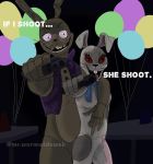  2020 anthro bow_tie breasts button_(fastener) clothing costume dialogue duo english_text female five_nights_at_freddy&#039;s fursuit gesture glitchtrap gun holding_breast humor lagomorph leporid long_ears looking_at_viewer male mammal meme mr.wormdwideweb multicolored_body open_mouth open_smile pink_eyes pointing pointing_at_viewer rabbit ranged_weapon red_eyes smile stitch_(disambiguation) talking_to_viewer text topwear vanny_(fnaf) vest video_games watermark weapon whiskers white_body yellow_body 