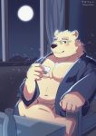  2021 anthro belly blush clothed clothing cup eyewear glasses hi_res humanoid_hands inside kemono leib_(tas) male mammal moobs moon navel night nipples open_clothing open_robe overweight overweight_anthro overweight_male polar_bear robe shimo_kawa sitting solo tokyo_afterschool_summoners ursid ursine video_games 