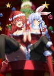  2girls :d abi_(abimel10) absurdres alcohol alternate_costume animal_ear_fluff animal_ears bangs bare_shoulders black_legwear blue_hair blurry blurry_background blush boots braid breasts bunny_ears carrot_hair_ornament champagne champagne_flute christmas christmas_tree commentary_request crossed_legs cup don-chan_(usada_pekora) drinking_glass eyebrows_visible_through_hair food_themed_hair_ornament fur_trim gift gloves hair_ornament hat heterochromia highres holding hololive houshou_marine large_breasts long_hair looking_at_viewer medium_breasts multicolored_hair multiple_girls open_mouth ornament panties panties_under_pantyhose pantyhose partial_commentary red_eyes red_gloves red_hair red_legwear red_shirt ribbon santa_costume santa_hat shirt sitting smile thick_eyebrows thighband_pantyhose thighhighs thighs tongue tongue_out twin_braids twintails two-tone_hair underwear usada_pekora virtual_youtuber white_hair yellow_eyes 