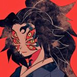  1boy black_hair colored_sclera extra_eyes facial_mark fang highres kimetsu_no_yaiba kokushibou long_hair parted_lips portrait red_background red_sclera simple_background solo symbol-shaped_pupils uzuta yellow_eyes 