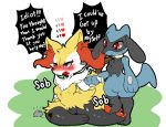  anthro black_body black_fur blue_body blue_fur blush bodily_fluids braixen breasts brown_eyes crying duo female fur inner_ear_fluff male male/female nintendo pawpads pok&eacute;mon pok&eacute;mon_(species) red_body red_eyes red_fur riolu shaded simple_shading standing tears text thick_thighs tod_d tuft video_games white_sclerea wounded yellow_body yellow_fur 