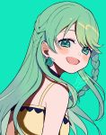  1girl blush braid camisole character_request commentary_request copyright_request dice dice_earrings green_background green_hair kisaragi_yuu_(fallen_sky) long_hair looking_at_viewer open_mouth shadow simple_background smile solo upper_body yellow_camisole 