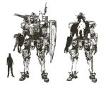  greyscale gun gundam holding holding_gun holding_weapon looking_ahead mecha mobile_suit_gundam monochrome multiple_views otsu_(outsunaruse) redesign rx-78-2 shield shoulder_cannon size_comparison sketch standing v-fin weapon white_background x-ray_vision 