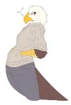  accipitrid accipitriform anthro avian bald_eagle beak bird bottomwear breasts brown_body brown_feathers clothing denim denim_clothing eagle emanata eyelashes feathers female hands_in_pockets hi_res hoodie jeans leaning leaning_back looking_back multicolored_body multicolored_feathers pants pockets scuted_arms sea_eagle simple_background slightlysimian small_breasts solo topwear two_tone_body two_tone_feathers white_background white_body white_feathers yellow_beak yellow_eyes 