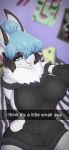  absurd_res anthro blanc_de_hotot blue_eyes blue_hair clothing english_text esther female fur hair hi_res lagomorph leporid mammal meme meme_clothing pastel_goth rabbit solo sweater text topwear virgin_killer_sweater white_body white_fur zoecinno 