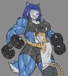  anthro bodily_fluids canid canine canis clothing domestic_cat dumbbell duo felid feline felis female hair hopey hug male mammal muscular rawslaw5 sweat weights wolf 