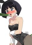 1girl animal_ears bangs bare_shoulders black_eyes black_hair black_legwear black_leotard blunt_bangs blunt_ends blush bob_cut breasts bunny_ears bunny_tail cleavage collarbone covered_navel cucumber eyebrows_visible_through_hair fake_animal_ears fishnet_legwear fishnets girls_und_panzer groin heavy_breathing highres leotard nose_blush open_mouth pantyhose playboy_bunny saliva sexually_suggestive sono_midoriko strapless strapless_leotard suggestive_fluid sweat tail tears thighs tongue tongue_out trembling wakku_kan white_background 