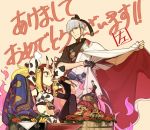 1boy 1girl animal_print bell black_gloves black_legwear blonde_hair breasts brown_eyes bucket cow_print crab crab_leg detached_sleeves eating fate/grand_order fate_(series) food gloves gourd grey_hair hat hidari_(left_side) horns ibaraki_douji_(fate/grand_order) japanese_clothes midriff oni_horns pointy_ears shrimp sitting small_breasts smile thighhighs twintails watanabe_no_tsuna_(fate/grand_order) 