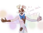  2020 anthro bow_tie buckteeth dialogue english_text female five_nights_at_freddy&#039;s five_nights_at_freddy&#039;s:_security_breach holding_object holding_weapon knife lagomorph leporid long_ears looking_at_viewer mammal mr.wormdwideweb multicolored_body open_mouth open_smile rabbit red_eyes singing smile solo stitch_(disambiguation) teeth text vanny_(fnaf) video_games watermark weapon whiskers white_body 