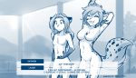  2021 7:4 anthro breasts canid canine casual_nudity chest_tuft conditional_dnp dating_sim dialogue duo english_text eyes_closed featureless_breasts featureless_crotch felid female fox fur gloves_(marking) hands_above_head hi_res hybrid inside kathrin_vaughan keidran laura_(twokinds) mammal markings monochrome nude open_mouth open_smile pantherine sketch small_breasts smile social_nudity spots spotted_body spotted_fur stretching text tom_fischbach tuft twokinds webcomic 