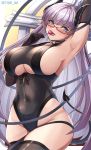  1girl armpits arms_up azur_lane bangs black_gloves black_legwear black_leotard blue_eyes blush breasts candy clothing_cutout covered_navel curled_horns demon_horns demon_tail elbow_gloves food gloves gneisenau_(azur_lane) gneisenau_(nightmarish_succubus)_(azur_lane) halloween_costume highres horns large_breasts leotard licking lollipop long_hair looking_at_viewer open_mouth oserotto pubic_tattoo purple_hair rectangular_eyewear smile solo tail tattoo thighhighs tongue tongue_out twitter_username underboob_cutout 
