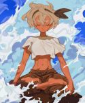  1girl bea_(pokemon) black_hairband black_ribbon brown_pants closed_eyes cloud cloudy_sky dark_skin dark_skinned_female grey_hair hairband highres lotus_position meditation memcchi midriff pants pokemon pokemon_(game) pokemon_swsh ribbon shirt short_hair short_sleeves sitting sky solo white_shirt 