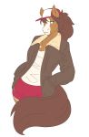  anthro bottomwear brown_body brown_eyes brown_fur brown_hair clothing equid equine female fur hair hair_over_eye hands_in_pockets hat headgear headwear hi_res horse jacket long_hair looking_aside mammal markings multicolored_body multicolored_fur muzzle_(marking) one_eye_obstructed pockets ponytail rose_(slightlysimian) shirt shorts simple_background slightlysimian solo topwear two_tone_body two_tone_fur white_background white_body white_fur 
