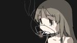  1girl bangs black_background brown_eyes brown_hair cigarette closed_mouth collarbone face_shield from_side furrowed_eyebrows highres long_hair looking_away negative_space original portrait sad simple_background smoke smoking solo tsukumizu_yuu wardrobe_error you&#039;re_doing_it_wrong 