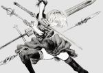  1girl black_dress black_hairband dress floating_weapon gloves grey_background grey_gloves greyscale hairband highres katana lance leaning_forward looking_down monochrome nier_(series) nier_automata otsu_(outsunaruse) parted_lips polearm short_hair solo sword thighhighs weapon yorha_no._2_type_b 