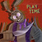  2020 ambiguous_gender anthro bodily_fluids bow_tie buckteeth clothing dialogue drooling english_text five_nights_at_freddy&#039;s glitchtrap holding_object holding_weapon knife lagomorph leporid long_ears looking_at_viewer mammal mr.wormdwideweb nightmare_fuel open_mouth open_smile pink_eyes rabbit saliva smile solo stitch_(disambiguation) talking_to_viewer tan_body teeth text topwear vest video_games watermark weapon whiskers 