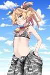  1girl ahoge animal_ears armpits bell bikini bikini_top blonde_hair blue_eyes cloud cloudy_sky cow_ears cow_horns cowbell earrings eyebrows_visible_through_hair eyelashes fake_animal_ears hal_(goshujinomocha) hand_on_hip highres horns jewelry long_hair looking_at_viewer midriff navel open_mouth ponytail sky solo swimsuit tanya_degurechaff youjo_senki 