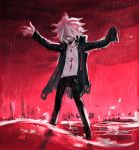  1boy akiko_141 amputee black_pants cloud cloudy_sky commentary_request danganronpa_(series) danganronpa_2:_goodbye_despair evil_smile green_jacket grin hands_up highres jacket komaeda_nagito legs_apart long_sleeves looking_at_viewer male_focus open_clothes open_jacket outstretched_arms pants print_shirt rain red_theme shirt sky smile solo spoilers standing torn_jacket wading weapon white_shirt 