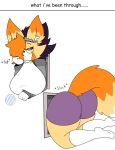  absurd_res anthro big_breasts big_butt breasts butt canid canine comic english_text eyewear female fox glasses hi_res jhenightfox julie_(jhenightfox) mammal simple_background solo stuck text thick_thighs through_wall white_background 