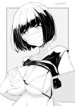  1girl bob_cut breasts cellphone greyscale holding holding_phone kichihachi large_breasts looking_at_viewer mask monochrome mouth_mask original phone short_hair solo surgical_mask twitter_username 