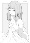  1girl bangs blunt_bangs breasts cover eyebrows_visible_through_hair greyscale kichihachi large_breasts long_hair looking_at_viewer monochrome nude one_eye_closed original sitting sleepy solo tears 