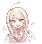  1girl :d ahoge akamatsu_kaede akiko_141 bangs beamed_eighth_notes blonde_hair collarbone cropped_shoulders danganronpa_(series) danganronpa_v3:_killing_harmony eighth_note hair_ornament hand_up long_hair long_sleeves looking_at_viewer musical_note musical_note_hair_ornament necktie open_mouth orange_neckwear shirt simple_background smile solo sweater_vest upper_body white_background white_shirt 