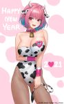  1girl ahoge animal_ears animal_print arm_under_breasts ass_visible_through_thighs bangs bell bell_collar blue_hair blush breasts cleavage collar cow_ears cow_girl cow_horns cow_print cow_tail cowbell eyebrows_visible_through_hair fang happy_new_year highres horns idolmaster idolmaster_cinderella_girls large_breasts leotard looking_at_viewer multicolored_hair new_year nhaliz open_mouth pantyhose pink_collar pink_eyes pink_hair short_hair solo standing tail two-tone_hair yumemi_riamu 