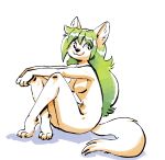  2021 :3 anthro belly_tuft biped breasts canid canine cheek_tuft claws facial_tuft featureless_breasts female fox fuel_(artist) fur green_hair hair inner_ear_fluff long_hair mammal nude pepper_(fuel) simple_background sitting smile solo toe_claws tuft white_background white_body white_fur 