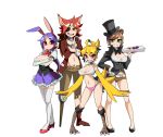  4girls animal_ears blonde_hair bongfill bonnie_(fnaf) brown_hair bunny_ears chica everyone five_nights_at_freddy&#039;s foxy_(fnaf) freddy_fazbear green_eyes hat looking_at_viewer multiple_girls navel personification purple_eyes purple_hair red_eyes red_hair tail top_hat transparent_background yellow_eyes 