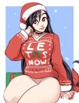  1girl black_choker black_hair bottomless breasts choker christmas christmas_sweater clothes_writing commentary english_commentary english_text final_fantasy final_fantasy_vii fingernails fur-trimmed_headwear hat large_breasts long_fingernails long_hair looking_at_viewer low-tied_long_hair nail_polish naked_sweater red_nails santa_hat sitting sweater thick_thighs thighs tifa_lockhart vashperado 