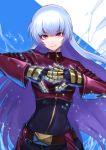  1girl bangs belt belt_buckle blue_hair bodysuit breasts buckle duplicate gloves glowing highres ice kula_diamond long_hair looking_at_viewer medium_breasts purple_eyes re_(re_09) simple_background smile solo the_king_of_fighters zipper zipper_pull_tab 