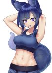  1girl adjusting_hair animal_ears arms_up black_hair breasts collarbone eyebrows_visible_through_hair fox_ears fox_tail hair_tie hair_tie_in_mouth highres jacy large_breasts looking_at_viewer mouth_hold navel original parted_lips purple_eyes solo sports_bra sweat tail teeth wet wet_clothes 