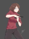  1girl absurdres blue_eyes brown_hair edzactly gun highres holding holding_gun holding_weapon short_hair sleeves_rolled_up sweater turtleneck turtleneck_sweater weapon 