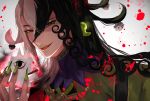  1boy absurdres alternate_eye_color ashiya_douman_(fate) asymmetrical_clothes asymmetrical_hair bell black_eyes black_hair blood blood_splatter curly_hair earrings evil_smile fangs fate/grand_order fate_(series) fingernails green_eyeshadow green_kimono green_lipstick green_nails hair_bell hair_between_eyes hair_intakes hair_ornament highres japanese_clothes jewelry kimono lipstick long_hair looking_at_viewer magatama magatama_earrings makeup male_focus multicolored_hair open_clothes open_hand open_kimono pekerika red_eyes ribbed_sleeves sharp_fingernails shikigami smile solo two-tone_hair upper_body very_long_fingernails very_long_hair white_hair 