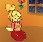  animal_crossing anthro bell blonde_hair blush canid canine canis christmas closed_smile clothing domestic_dog eyes_closed female fur hair hands_on_cheeks hi_res holidays holly_(plant) isabelle_(animal_crossing) jizuke_bluetide legs_together mammal meme meme_clothing nintendo plant red_clothing shih_tzu sitting_on_floor solo sweater tailwag text text_on_clothing tied_hair topwear toy_dog video_games window yellow_body yellow_fur 
