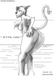  absurd_res anthro bangs bent_over breasts claws english_text felid feline female fingernails harpseal hi_res humanoid_pointy_ears hybrid lila_ambi lion long_tail looking_at_viewer looking_back lynx mammal meme mohawk monochrome nails nude pantherine solo standing text thick_thighs wide_hips 