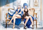  2girls animal_ears azur_lane blue_dress blue_eyes blue_hair breasts brown_eyes brown_tail champagne_flute cup dress drinking_glass essex_(azur_lane) evening_gown fox_ears fox_girl fox_tail gold_footwear halter_dress high_heels highres kaga_(azur_lane) kaga_(white-tailed_magnificence)_(azur_lane) kitsune kyuubi large_breasts large_tail long_hair multiple_girls multiple_tails o-ring_dress stardust_(chen&#039;ai_weiding) tail white_hair 