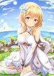  1girl bangs bare_shoulders blonde_hair blue_flower blue_sky blush breasts brown_eyes cleavage closed_mouth cloud commentary_request day detached_sleeves dress eyebrows_visible_through_hair flower genshin_impact hair_between_eyes hair_flower hair_ornament highres horizon long_hair long_sleeves lumine_(genshin_impact) medium_breasts ocean on_grass outdoors sitting sky smile solo sun thighhighs wariza water white_dress white_legwear white_sleeves zenon_(for_achieve) 