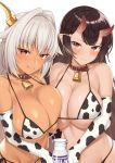  2girls :q alternate_breast_size animal_print asymmetrical_docking bare_shoulders bell bell_collar belt_collar bikini black_hair blush breast_press breasts chinese_zodiac cleavage collar commentary_request cow_print cowbell dark_skin dark_skinned_female elbow_gloves eyebrows_visible_through_hair gloves hair_ornament hairclip highres horns huge_breasts long_hair looking_at_viewer multiple_girls oni orange_eyes origamine_ouka original print_bikini print_gloves red_eyes simple_background skin-covered_horns sweatdrop swimsuit takunomi tongue tongue_out ursula_(takunomi) white_background white_hair year_of_the_ox 