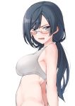  1girl arms_behind_back bangs bare_shoulders black_hair blunt_bangs blush bottomless breasts collarbone commentary eyebrows_visible_through_hair from_side glasses grey-framed_eyewear grey_eyes grey_sports_bra large_breasts long_hair looking_at_viewer looking_to_the_side love_live! love_live!_nijigasaki_high_school_idol_club low_twintails nakagawa_nana nasuno_(nasuno42) navel open_mouth semi-rimless_eyewear simple_background solo sports_bra standing stomach swept_bangs twintails under-rim_eyewear upper_body v-shaped_eyebrows white_background yuuki_setsuna_(love_live!) 