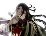  1boy adjusting_hair ashiya_douman_(fate) asymmetrical_clothes asymmetrical_hair backlighting bell black_eyes black_hair closed_eyes closed_mouth curly_hair earrings fate/grand_order fate_(series) fingernails green_eyeshadow green_kimono green_lipstick green_nails hair_bell hair_between_eyes hair_intakes hair_ornament highres japanese_clothes jewelry kimono lipstick long_hair magatama magatama_earrings makeup male_focus multicolored_hair open_clothes open_kimono ribbed_sleeves sharp_fingernails solo two-tone_hair upper_body very_long_fingernails very_long_hair white_hair yu_(13377) 