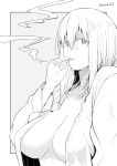  1girl breasts cigarette greyscale kichihachi large_breasts looking_at_viewer medium_hair monochrome open_clothes open_shirt original smoking solo twitter_username upper_body 
