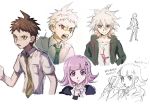  1girl 2boys akiko_141 bangs brown_hair collarbone danganronpa_(series) danganronpa_2:_goodbye_despair flipped_hair green_jacket green_neckwear hair_ornament hairclip highres hinata_hajime hinata_hajime_(awakened) hood hood_down hooded_jacket index_finger_raised jacket komaeda_nagito looking_at_viewer multiple_boys nanami_chiaki necktie open_mouth pink_eyes pink_hair pink_neckwear pink_ribbon print_shirt red_eyes ribbon shirt short_hair simple_background sketch smile spaceship_hair_ornament spoilers sweatdrop thinking white_background white_hair white_shirt 